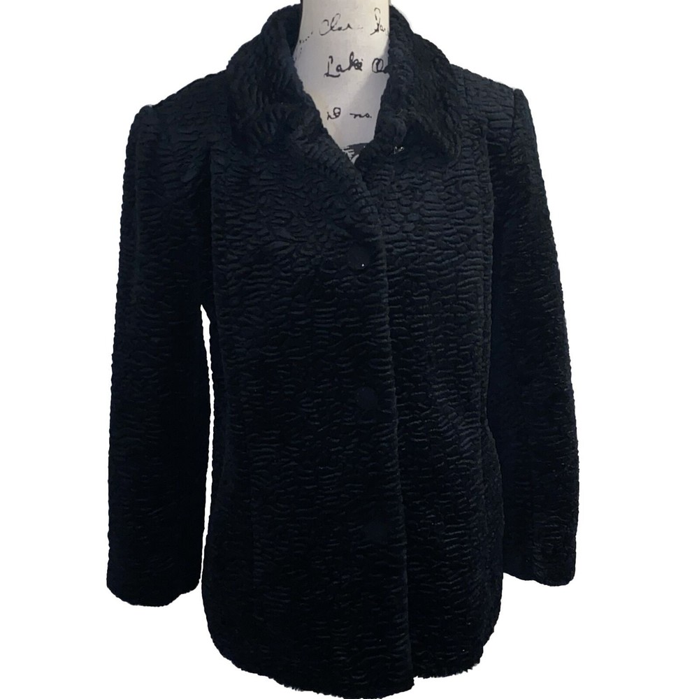 Alpine Studio  Faux Karakul Sheep Texture Black Coat Jacket 4 Buttons EUC Sz M